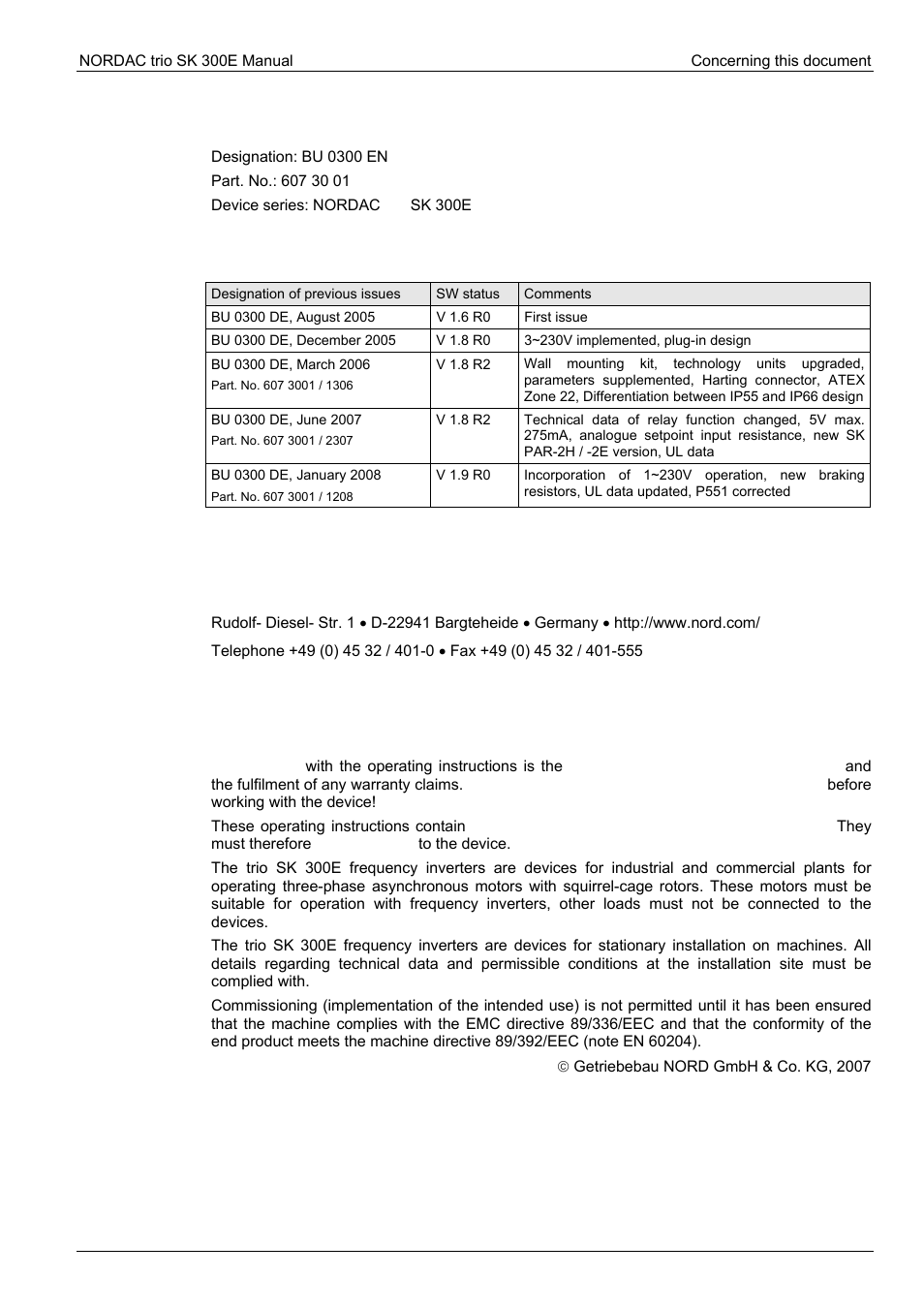 Documentation, Version list, Published by | Getriebebau nord gmbh & co. kg, Intended use of the frequency inverter | NORD Drivesystems BU0300 User Manual | Page 3 / 148