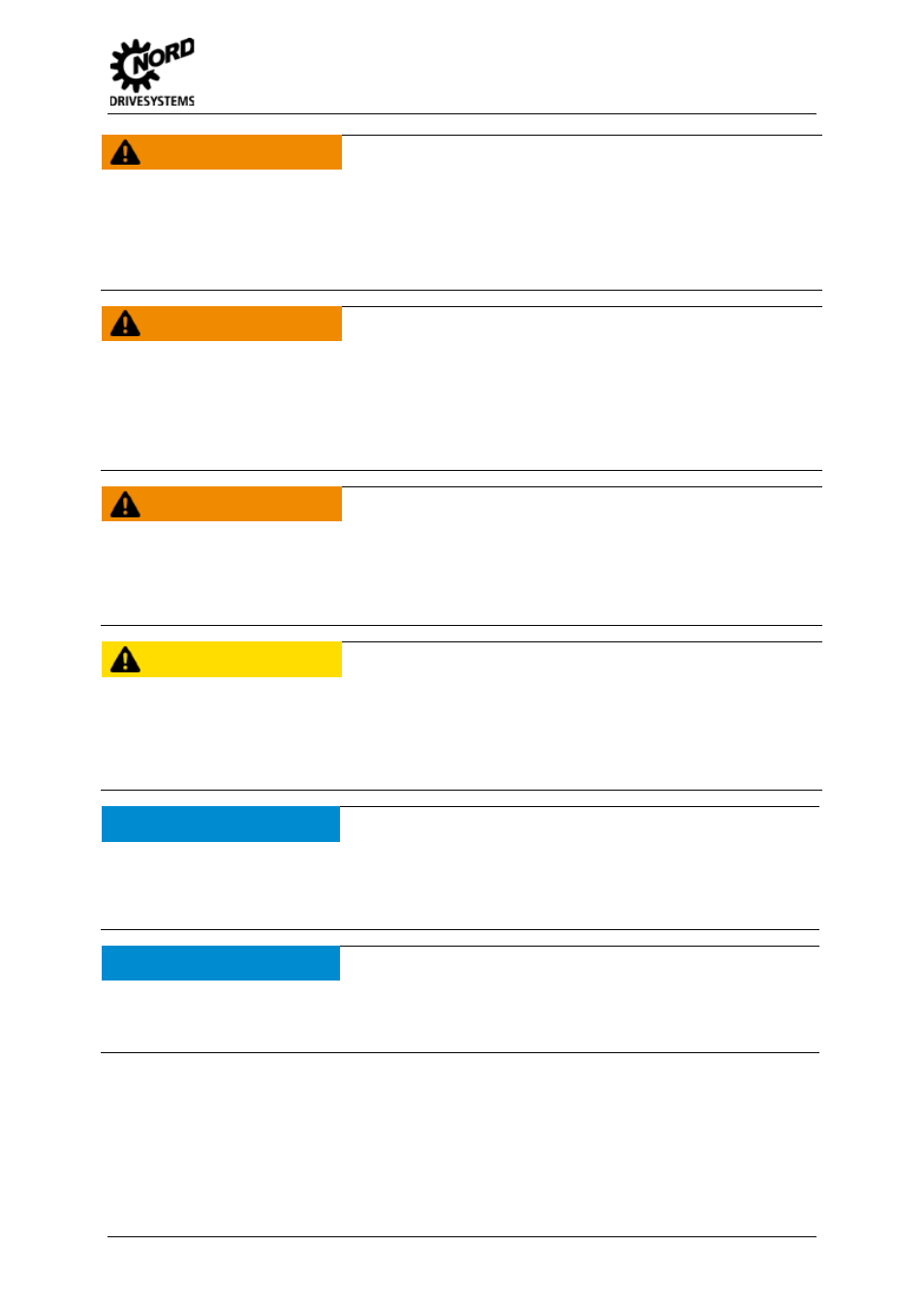Warning, Caution, Notice | 1 general, Danger of electric shock, Danger of injury if motor starts, Danger of burns, Damage to the frequency inverter, Emc - interference | NORD Drivesystems BU0500 User Manual | Page 15 / 180
