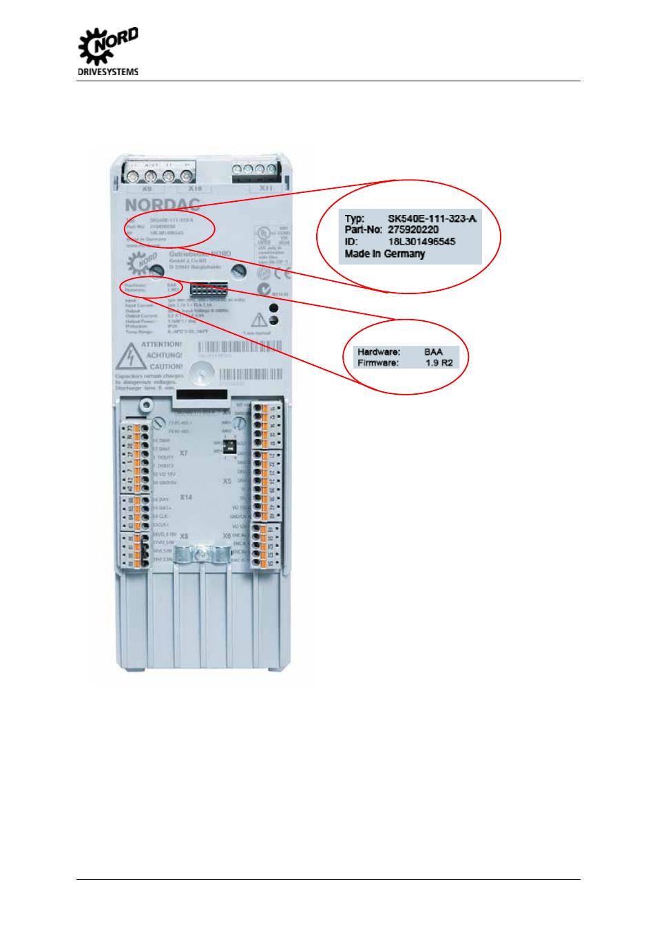 Fig. 2 frequency inverter type plate (example), 1 general | NORD Drivesystems BU0500 User Manual | Page 21 / 180