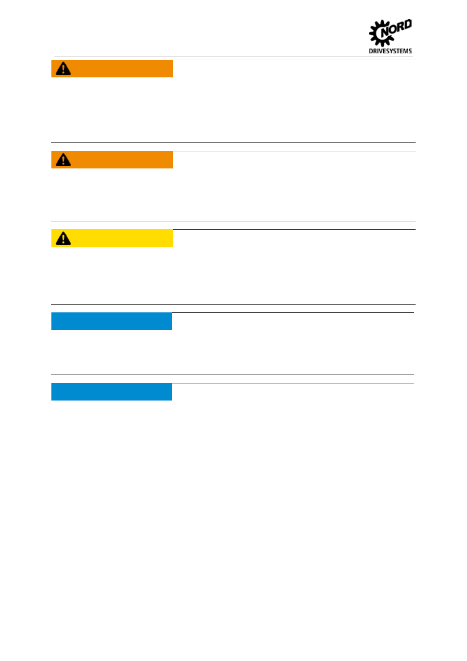 Warning, Caution, Notice | Danger of electric shock, Danger of injury if motor starts, Danger of burns, Damage to the frequency inverter, Emc - interference | NORD Drivesystems BU0505 User Manual | Page 14 / 188