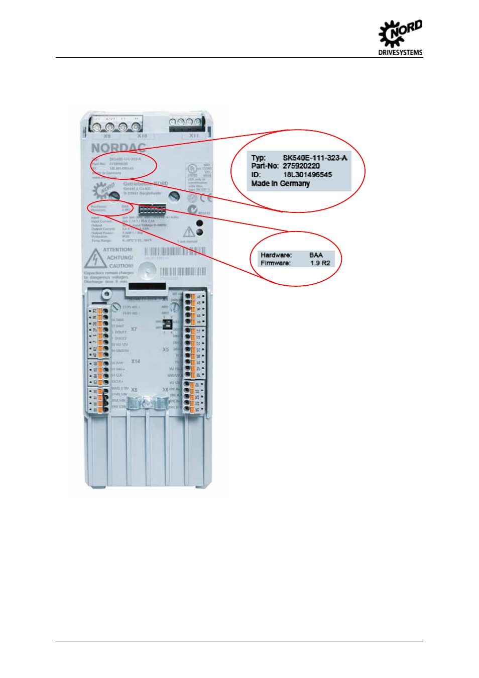 Fig. 2 frequency inverter type plate (example) | NORD Drivesystems BU0505 User Manual | Page 20 / 188