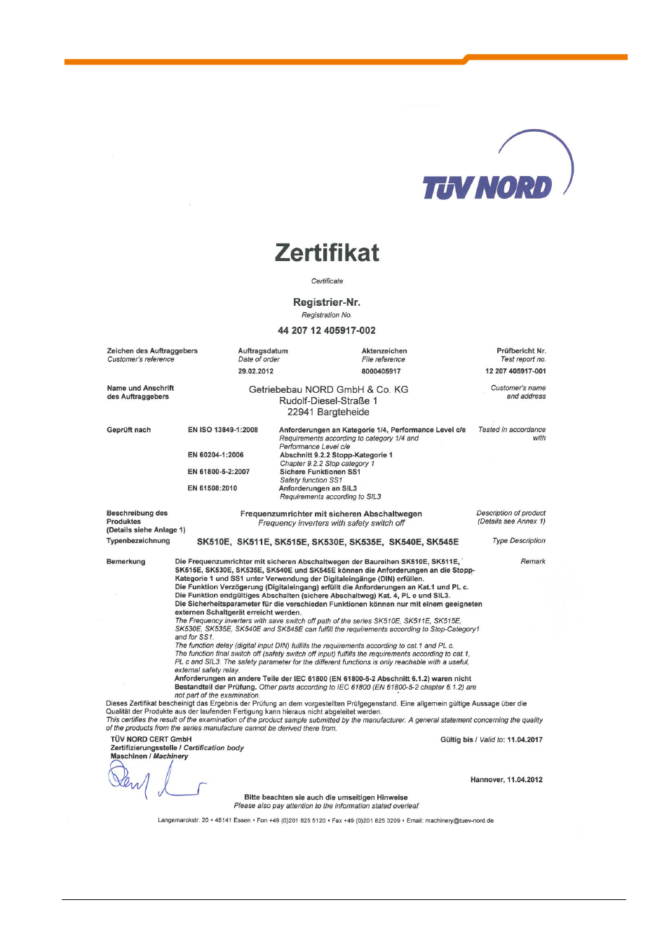 2 certifications for the function ss1 | NORD Drivesystems BU0530 User Manual | Page 13 / 56