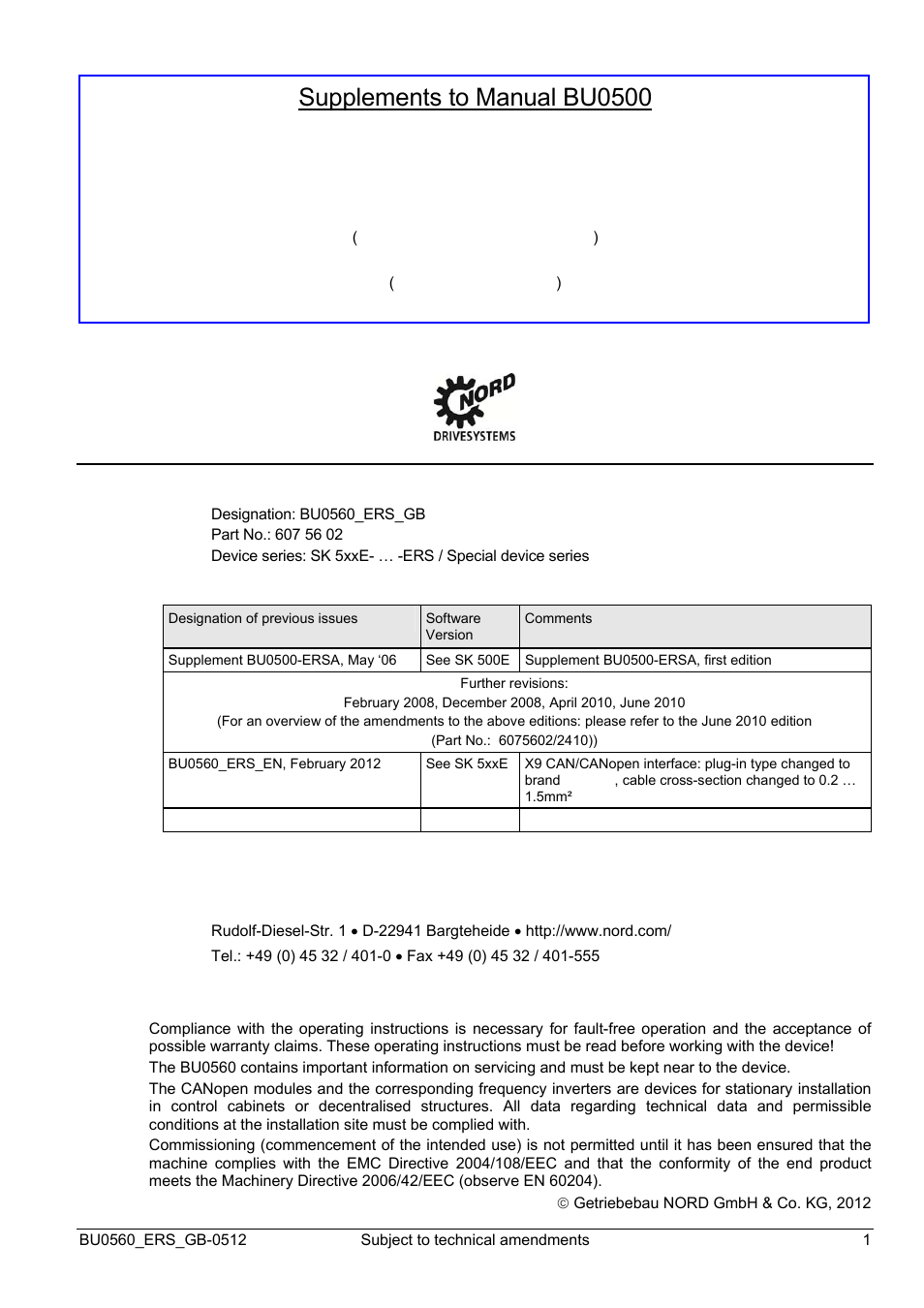 NORD Drivesystems BU0560 User Manual | 4 pages