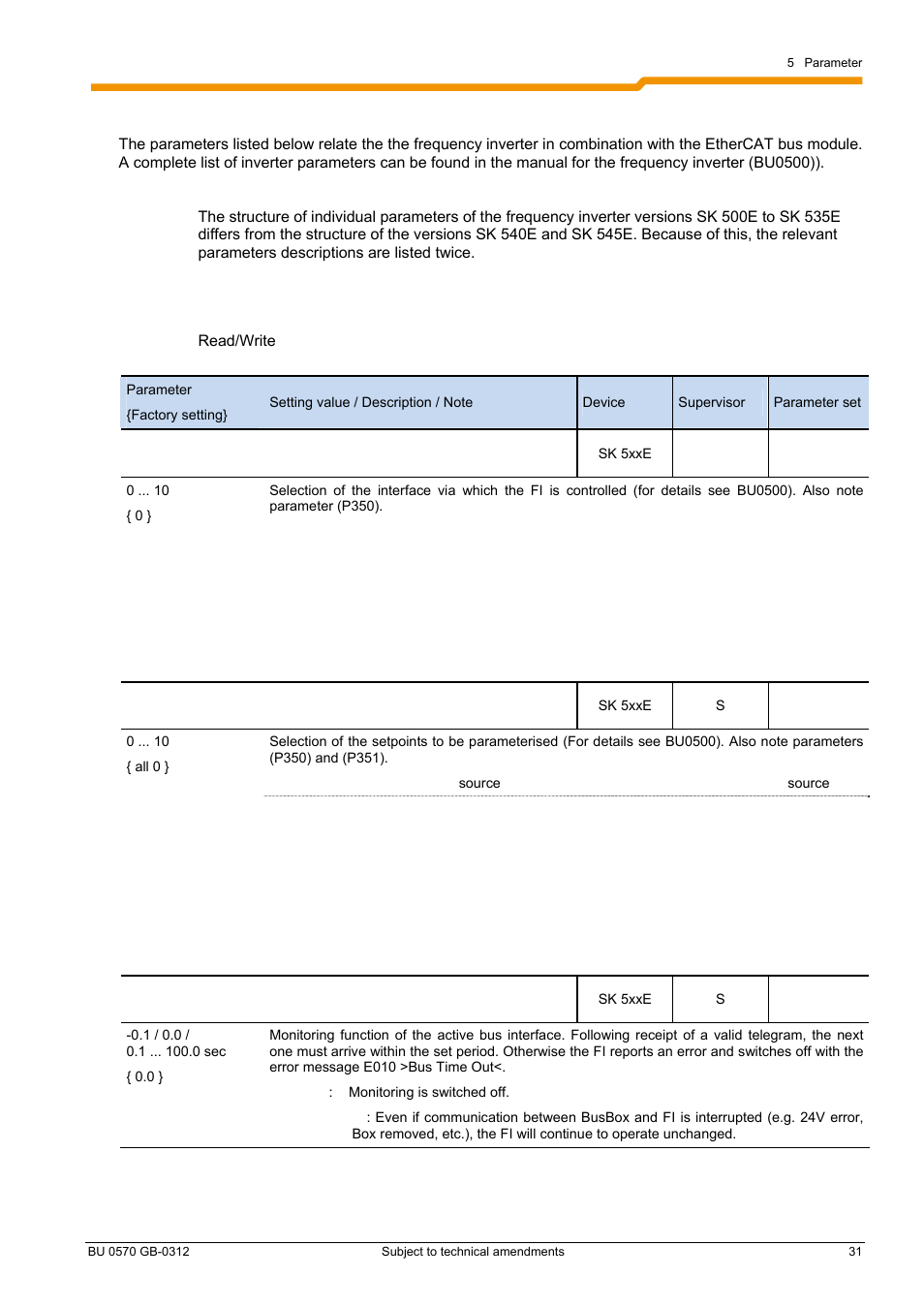 2 sk5xxe inverter parameters (selection) | NORD Drivesystems BU0570 User Manual | Page 31 / 44