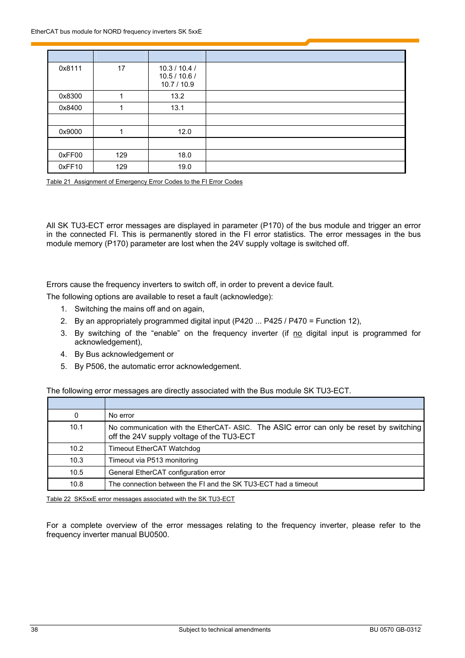 2 error messages in the ethercat module sk tu3-ect, 3 error messages in the sk 5xxe frequency inverter | NORD Drivesystems BU0570 User Manual | Page 38 / 44