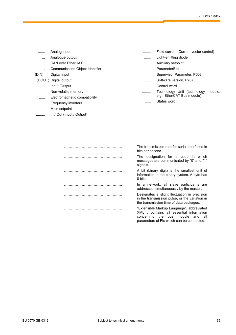 7 lists / index 7.1 abbreviations, 2 keyword index | NORD Drivesystems BU0570 User Manual | Page 39 / 44