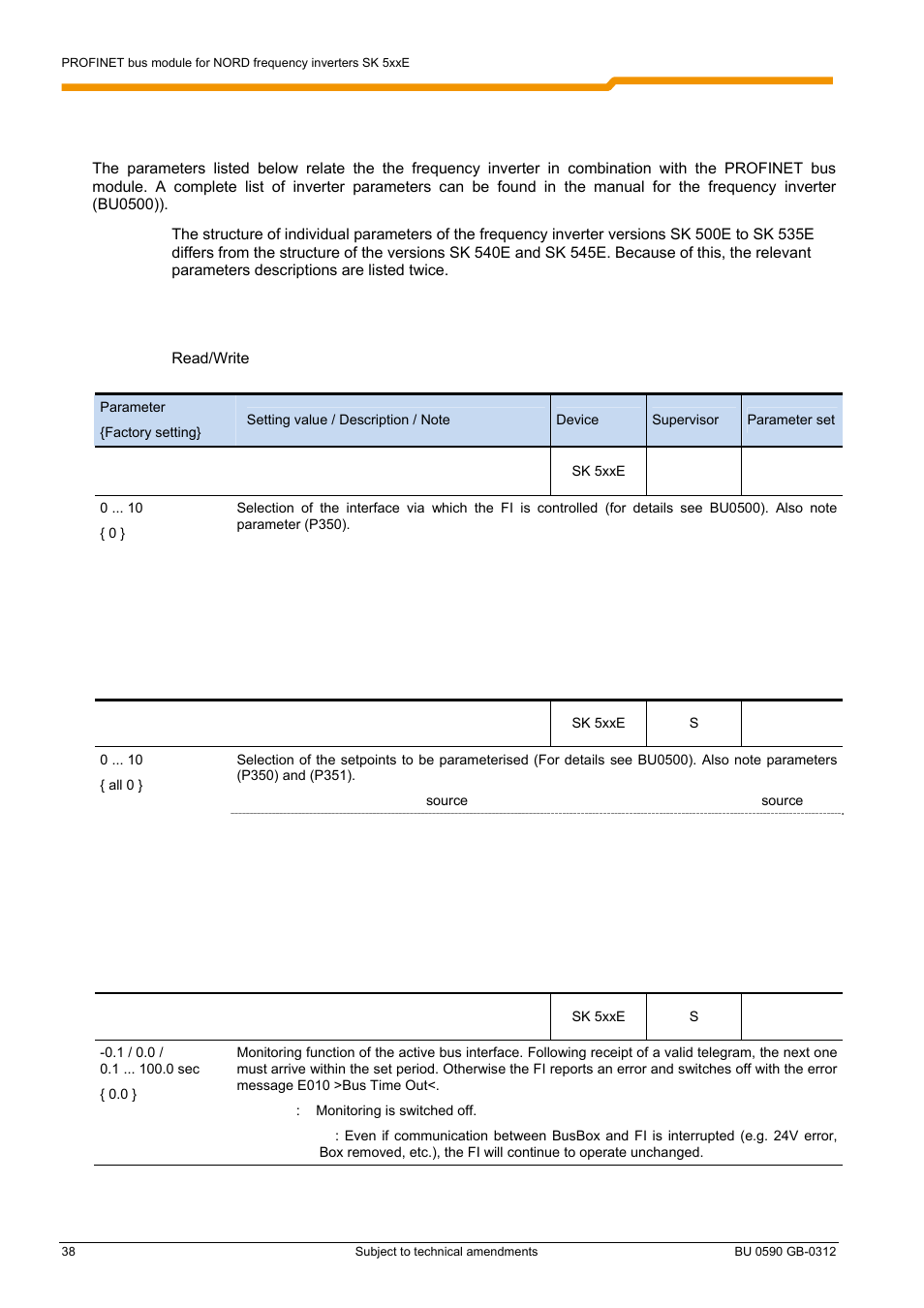 2 sk5xxe inverter parameters (selection) | NORD Drivesystems BU0590 User Manual | Page 38 / 48