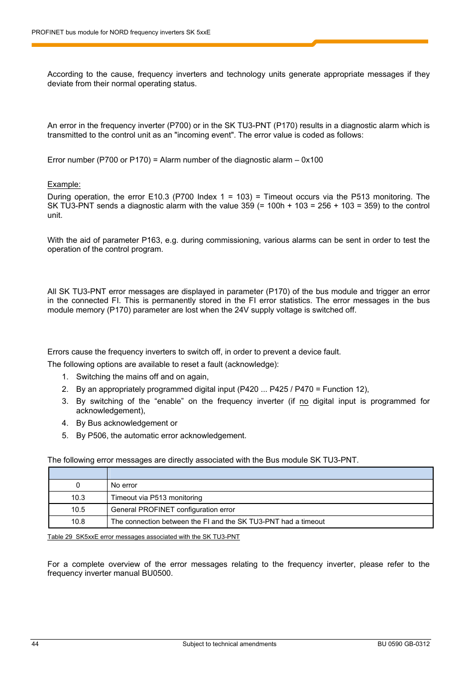 6 error monitoring and error messages, 1 profinet error monitoring, 2 error messages in the bus module sk tu3-pnt | 3 error messages in the sk 5xxe frequency inverter | NORD Drivesystems BU0590 User Manual | Page 44 / 48