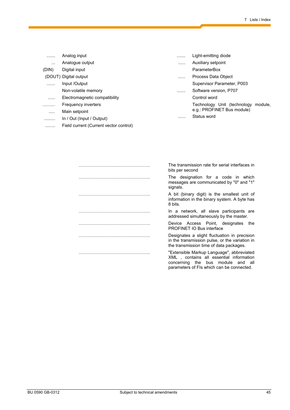 7 lists / index 7.1 abbreviations, 2 keyword index | NORD Drivesystems BU0590 User Manual | Page 45 / 48