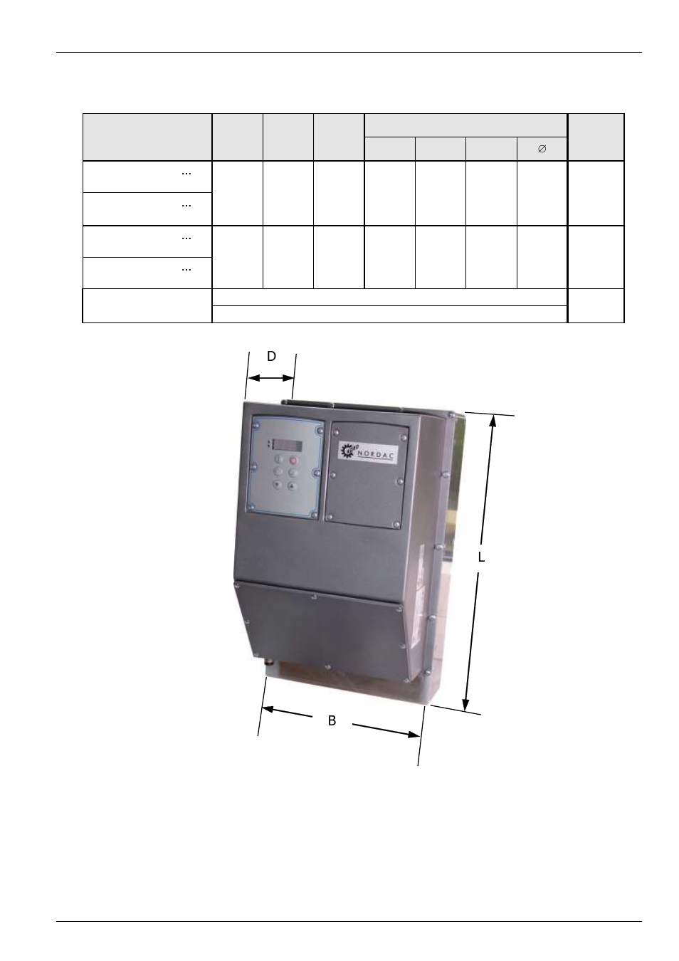 3 dimensions of the sk 750e, L b d | NORD Drivesystems BU0750 User Manual | Page 15 / 157