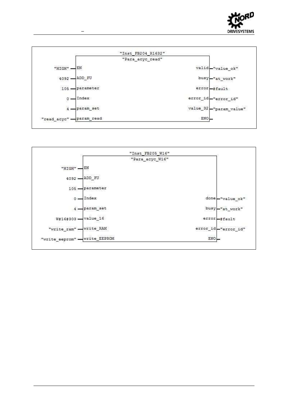 2 parameter modules for acyclic data traffic, Parameter modules for acyclic data traffic, Fig. 25 parameter module "para_acyc_read | Fig. 26 parameter module "para_acyc_w16 | NORD Drivesystems BU0940 User Manual | Page 38 / 44