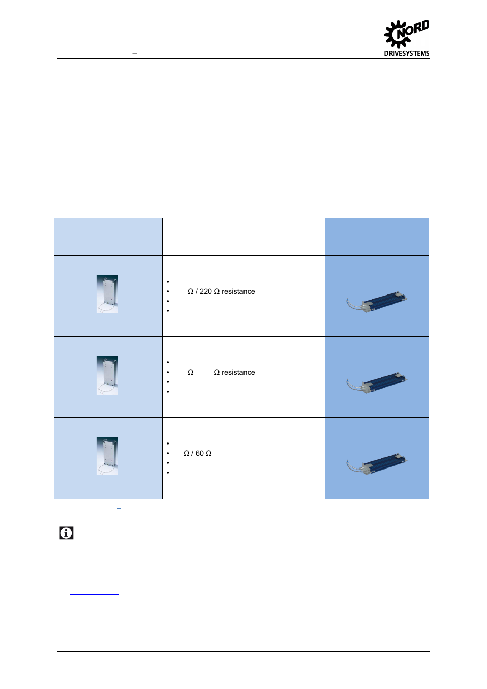 1 footprint braking resistors, 5 kw to 7.5 kw, Footprint braking resistors | Table 33: 1.5 kw, 5 kw footprint braking resistors, Information, Technical information / data sheets | NORD Drivesystems MI0700 User Manual | Page 48 / 84