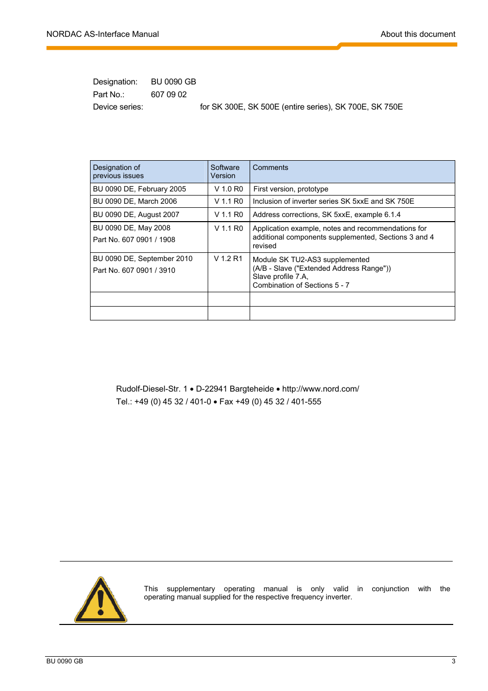 Documentation, Version list, Publisher | Getriebebau nord gmbh & co. kg | NORD Drivesystems BU0090 User Manual | Page 3 / 72