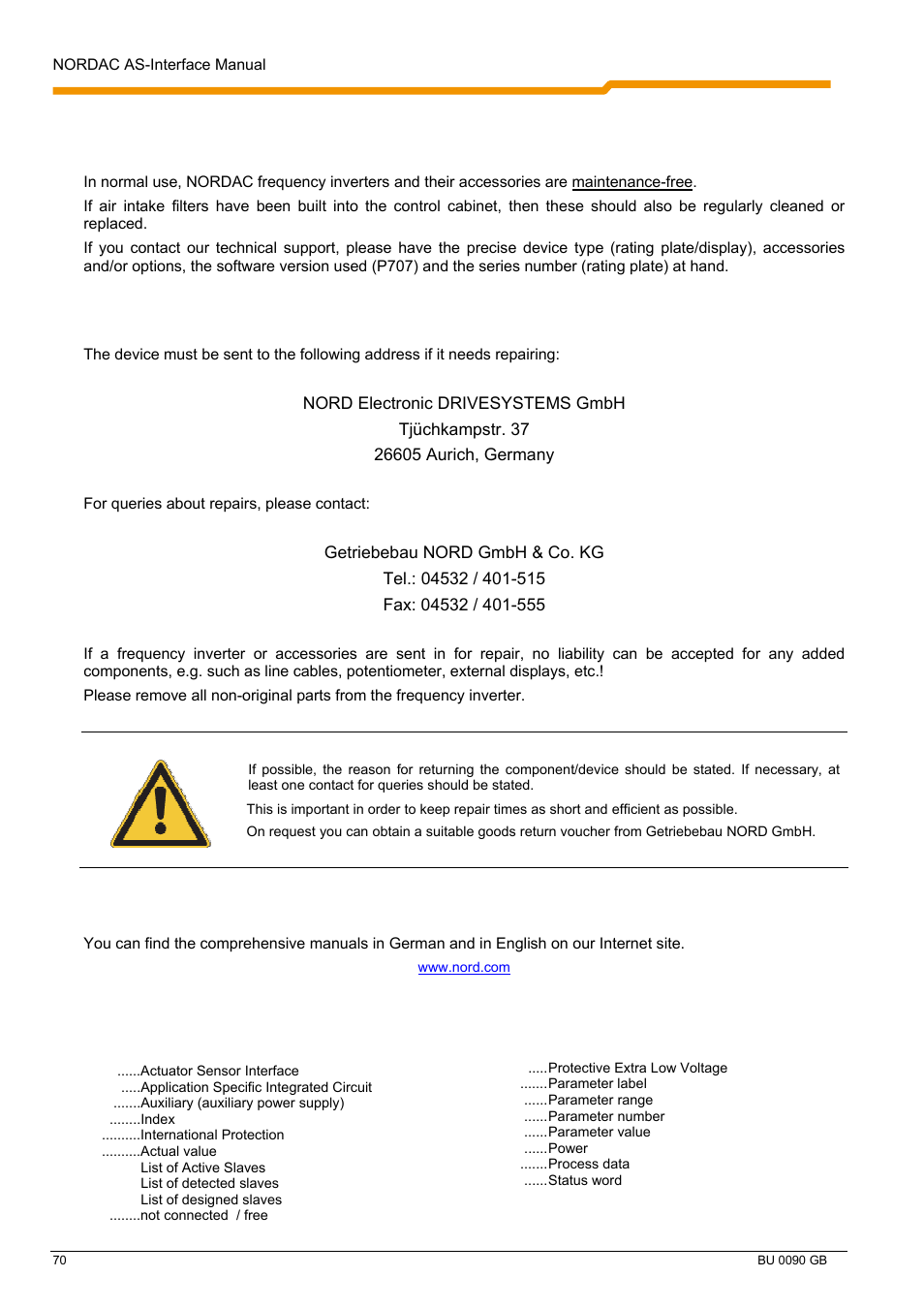 Repairs, Internet information, 2 abbreviations in this manual | NORD Drivesystems BU0090 User Manual | Page 70 / 72