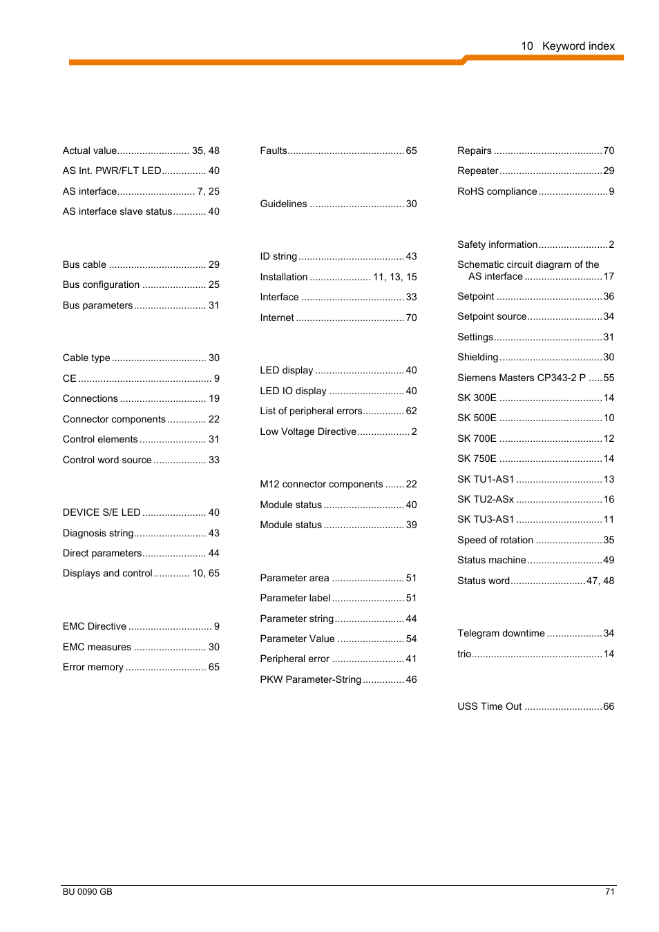 10 keyword index | NORD Drivesystems BU0090 User Manual | Page 71 / 72