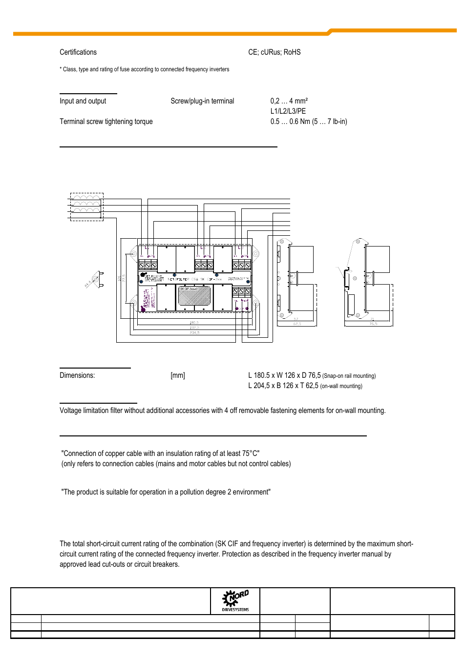 Connections, Schematic circuit diagram of electrical connection, Installation data | Scope of delivery, Ul/cul approval, Getriebebau nord gmbh & co. kg | NORD Drivesystems TI030_276997070 User Manual | Page 2 / 2