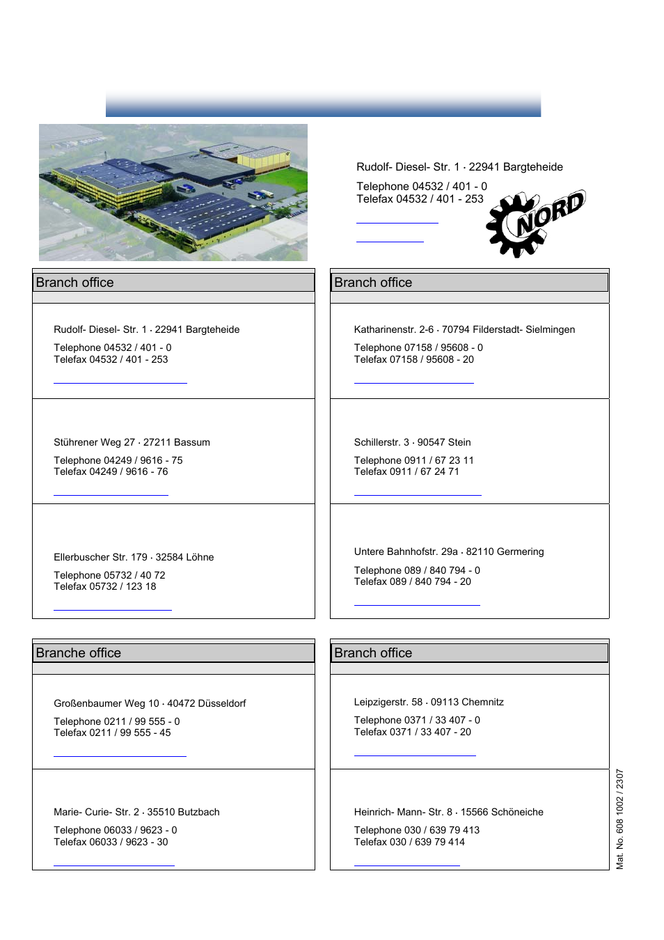 Nord offices in germany, Getriebebau nord, Branch office north branch office south | Branche office west branch office east | NORD Drivesystems BU0100 User Manual | Page 36 / 36