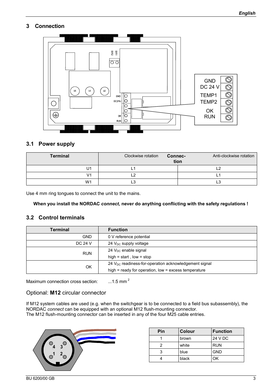 3 connection 3.1 power supply, 2 control terminals, Optional: m12 circular connector | NORD Drivesystems BU6200 User Manual | Page 3 / 4