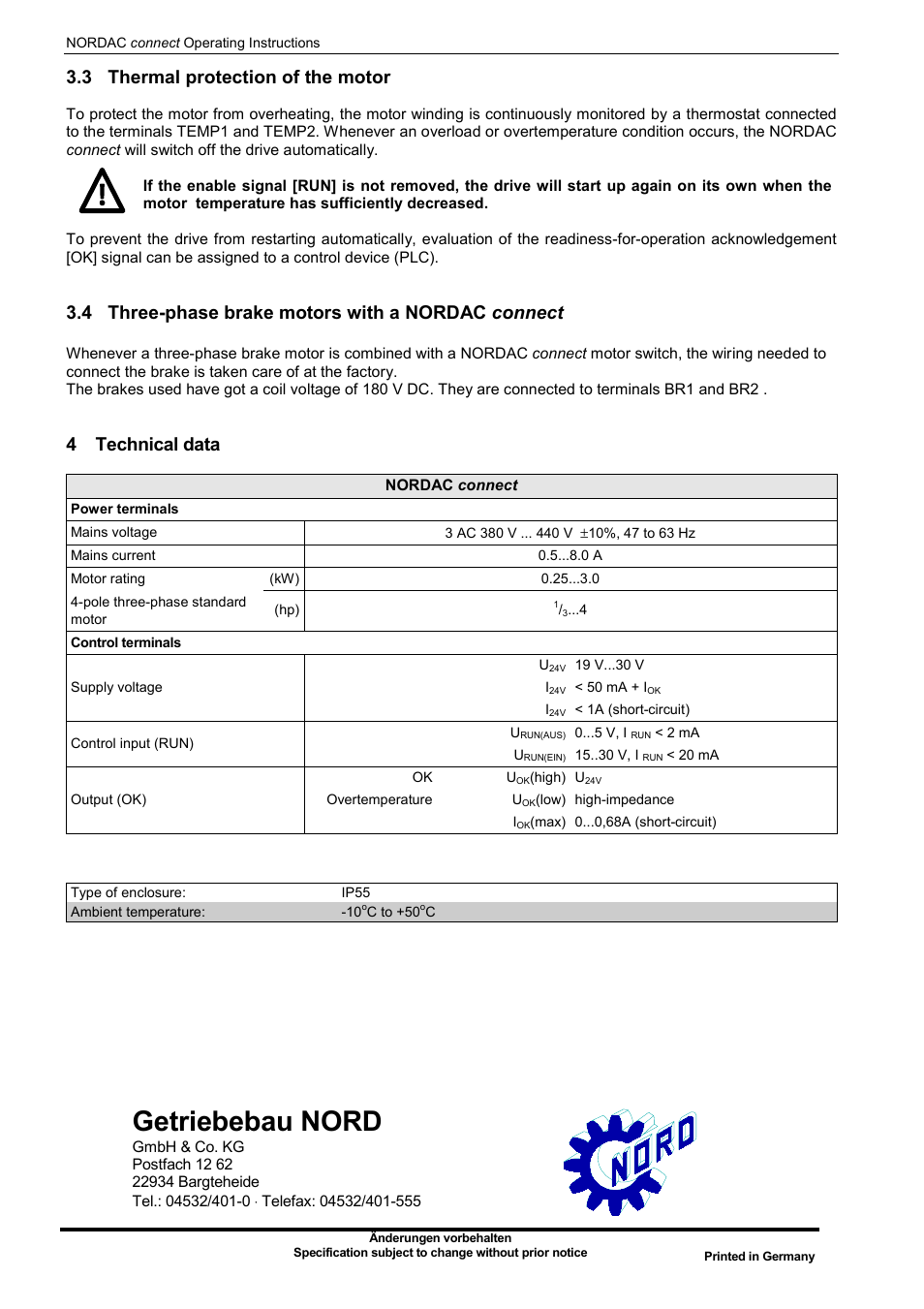 Getriebebau nord, 3 thermal protection of the motor, 4 three-phase brake motors with a nordac connect | 4 technical data | NORD Drivesystems BU6200 User Manual | Page 4 / 4