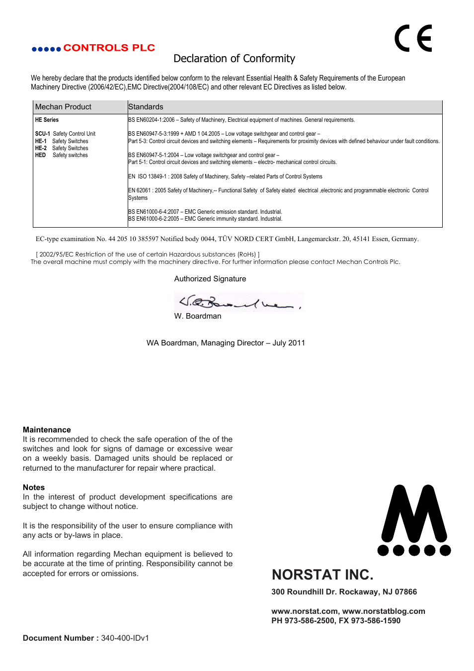 Norstat inc, Declaration of conformity | NORSTAT Non-Contact Safety Switches User Manual | Page 8 / 8