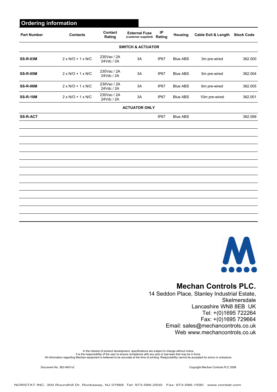 Mechan controls plc, Ordering information | NORSTAT Non-Contact Safety Switches User Manual | Page 4 / 4