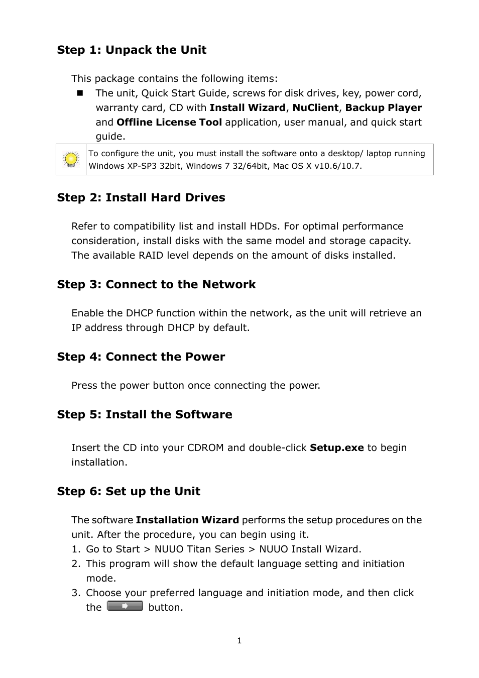 English, Step 1: unpack the unit, Step 2: install hard drives | Step 3: connect to the network, Step 4: connect the power, Step 5: install the software, Step 6: set up the unit | NUUO Titan NVR User Manual | Page 3 / 37