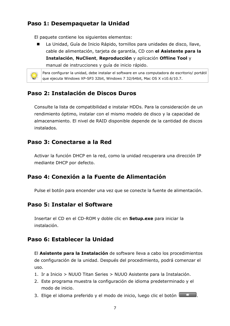 Español, Paso 1: desempaquetar la unidad, Paso 2: instalación de discos duros | Paso 3: conectarse a la red, Paso 4: conexión a la fuente de alimentación, Paso 5: instalar el software, Paso 6: establecer la unidad | NUUO Titan NVR User Manual | Page 9 / 37