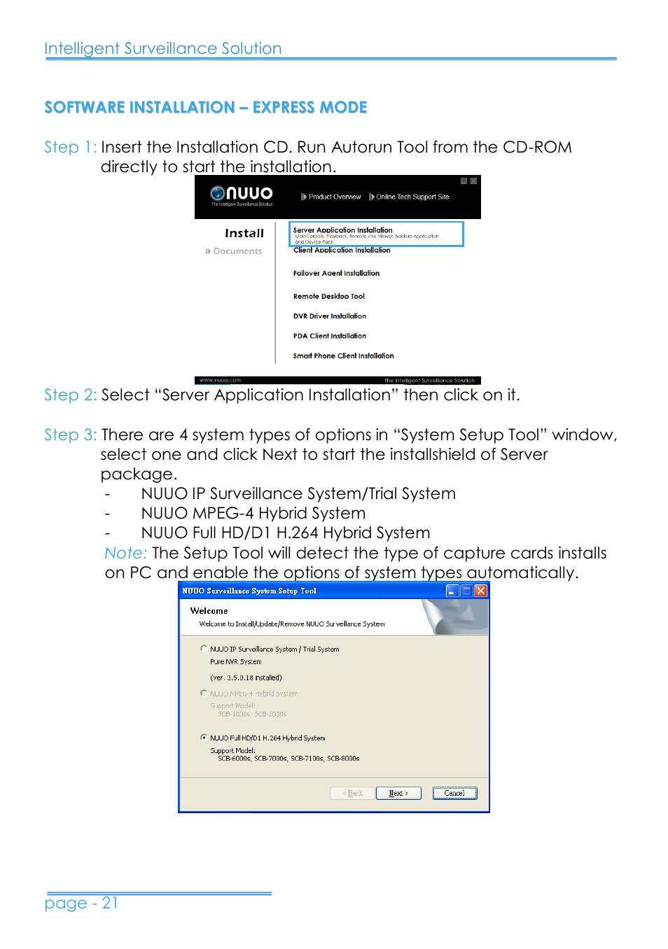 Software installation – express mode | NUUO 8000HD SERIES User Manual | Page 22 / 34