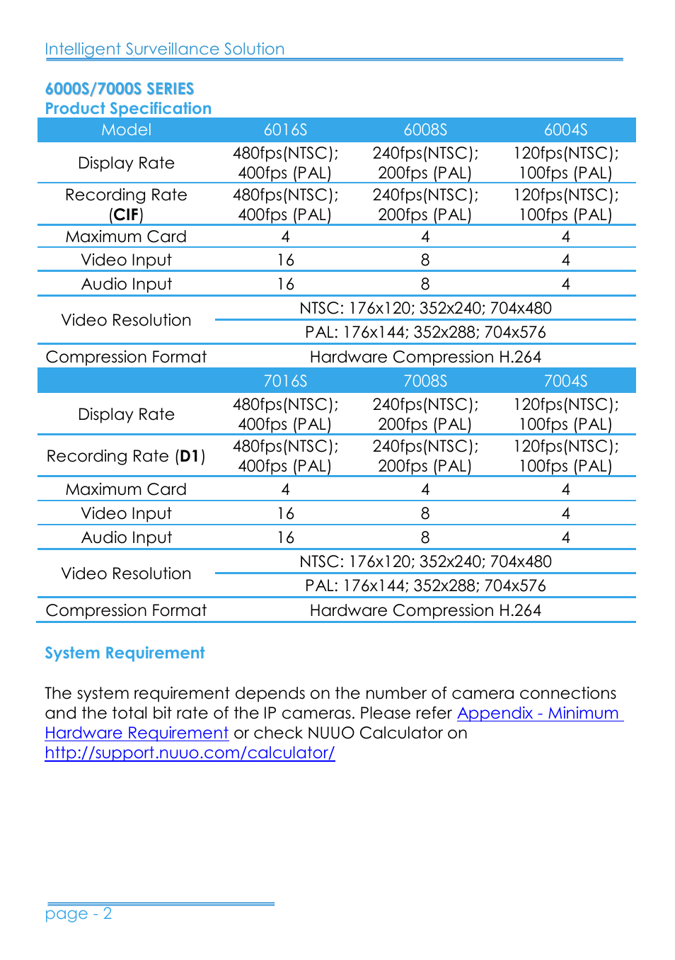 6000s/7000s series, Product specification, System requirement | NUUO 8000HD SERIES User Manual | Page 3 / 34