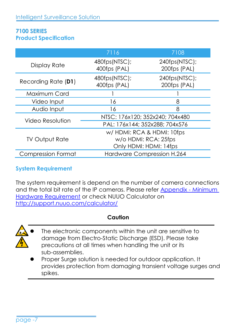 7100 series, Product specification, System requirement | NUUO 8000HD SERIES User Manual | Page 8 / 34