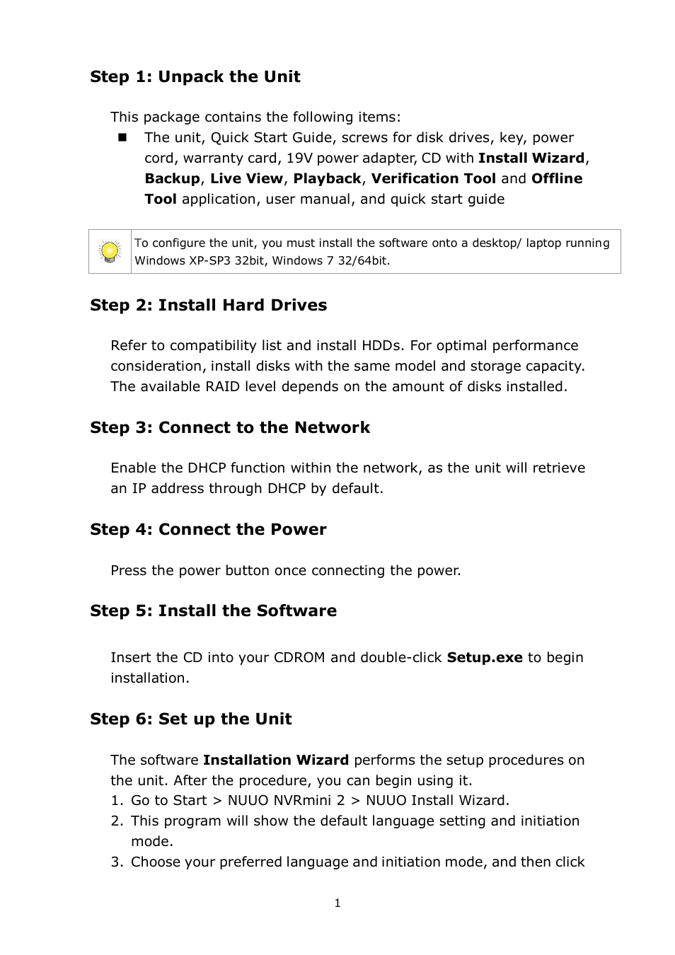 English, Step 1: unpack the unit, Step 2: install hard drives | Step 3: connect to the network, Step 4: connect the power, Step 5: install the software, Step 6: set up the unit | NUUO NVRmini 2 User Manual | Page 3 / 43