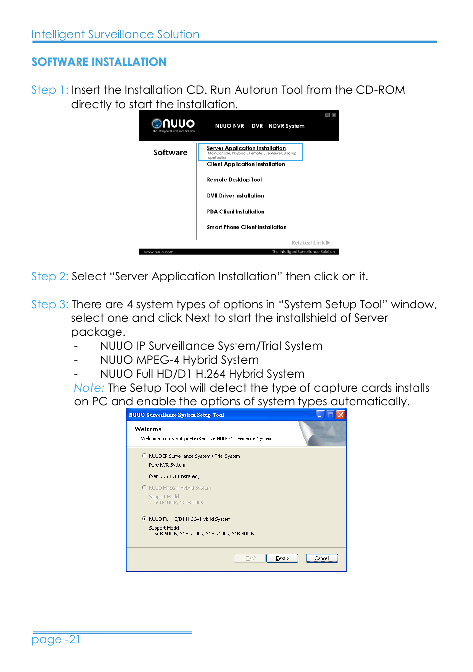 Software installation | NUUO 8000HD SERIES User Manual | Page 22 / 29