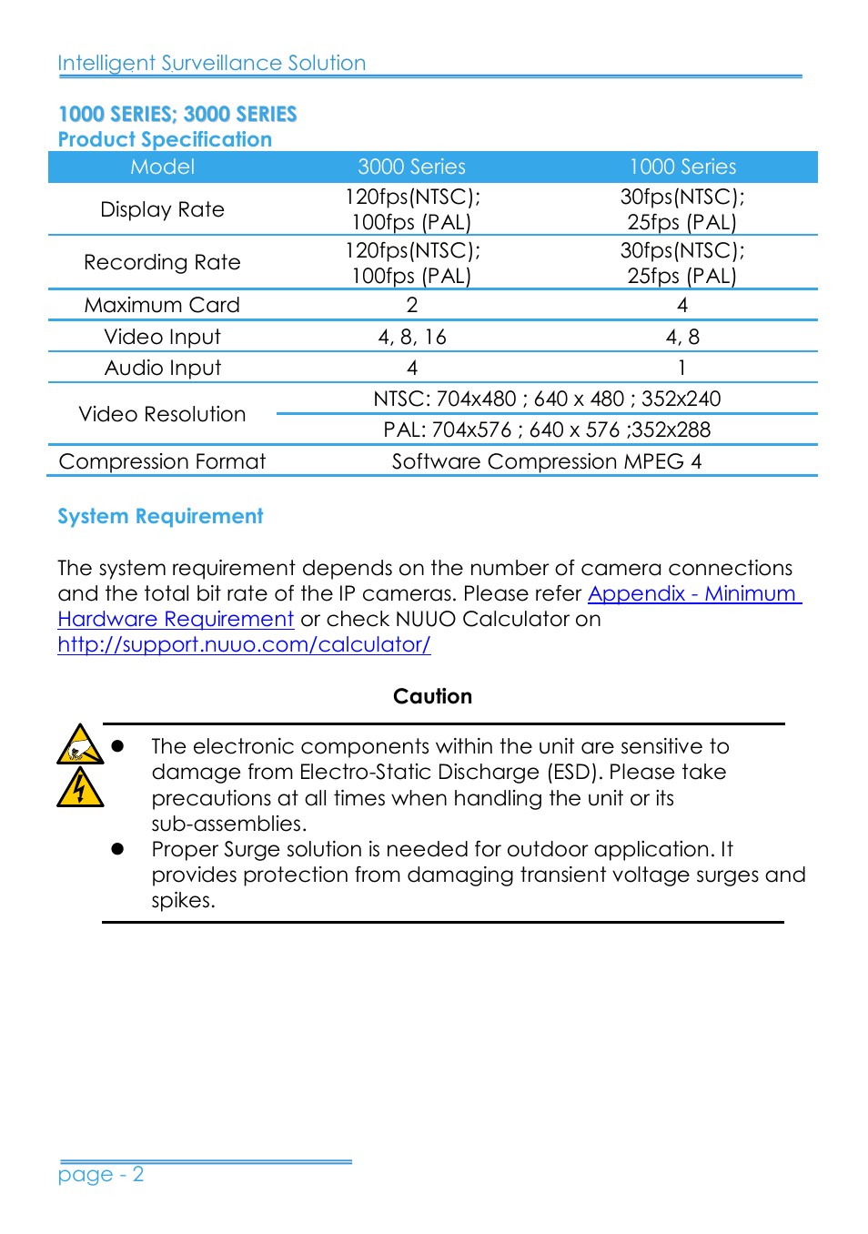 1000 series; 3000 series, Product specification, System requirement | NUUO 8000HD SERIES User Manual | Page 3 / 29