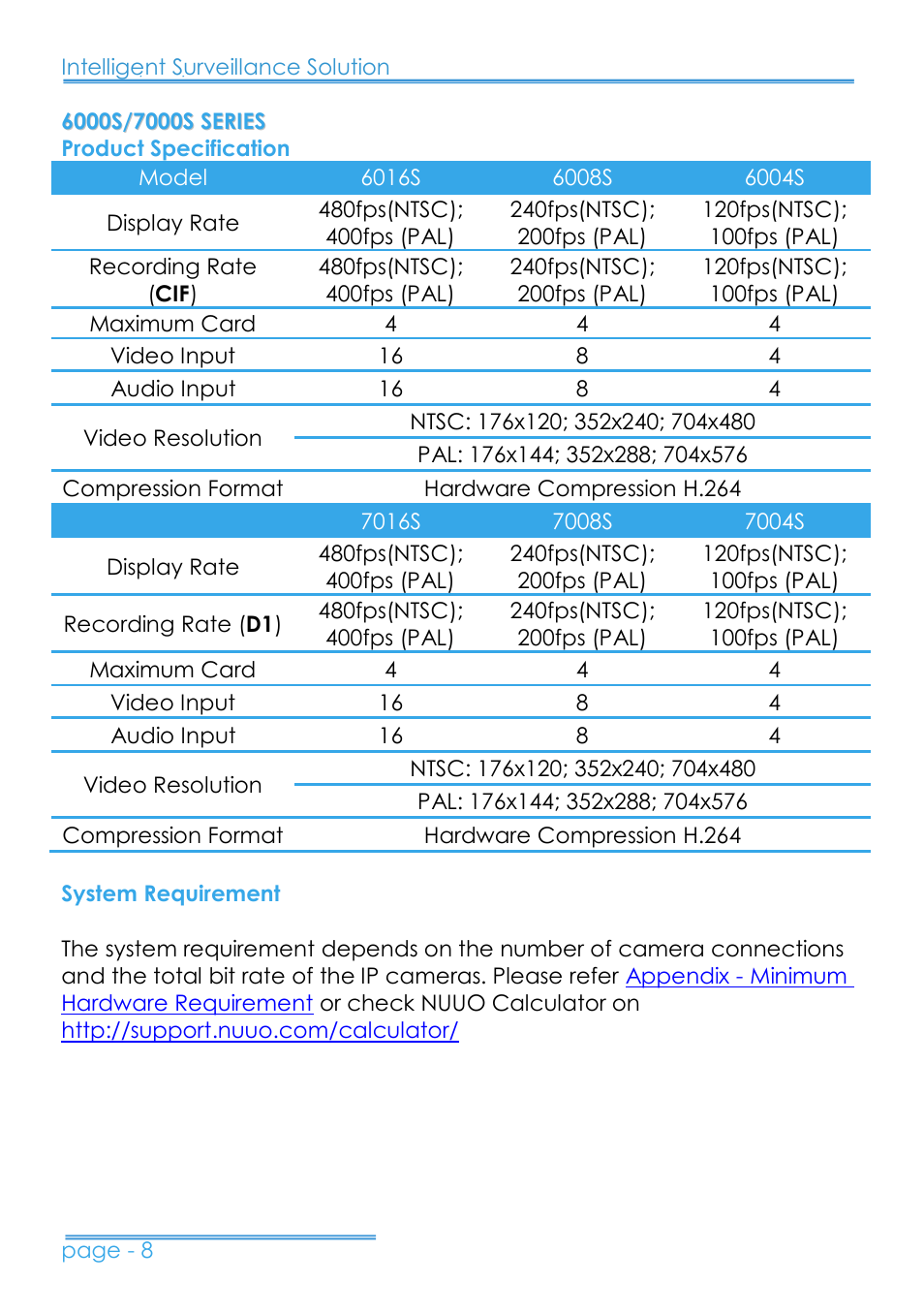 6000s/7000s series, Product specification, System requirement | NUUO 8000HD SERIES User Manual | Page 9 / 29