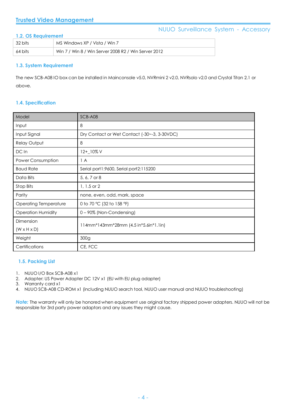 Os requirement, System requirement, Specification | Packing list | NUUO SCB-A08 User Manual | Page 5 / 22