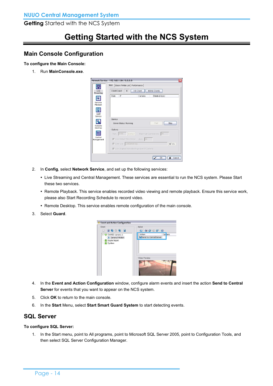 Getting started with the ncs system, Main console configuration, Sql server | NUUO CMS User Manual | Page 14 / 21
