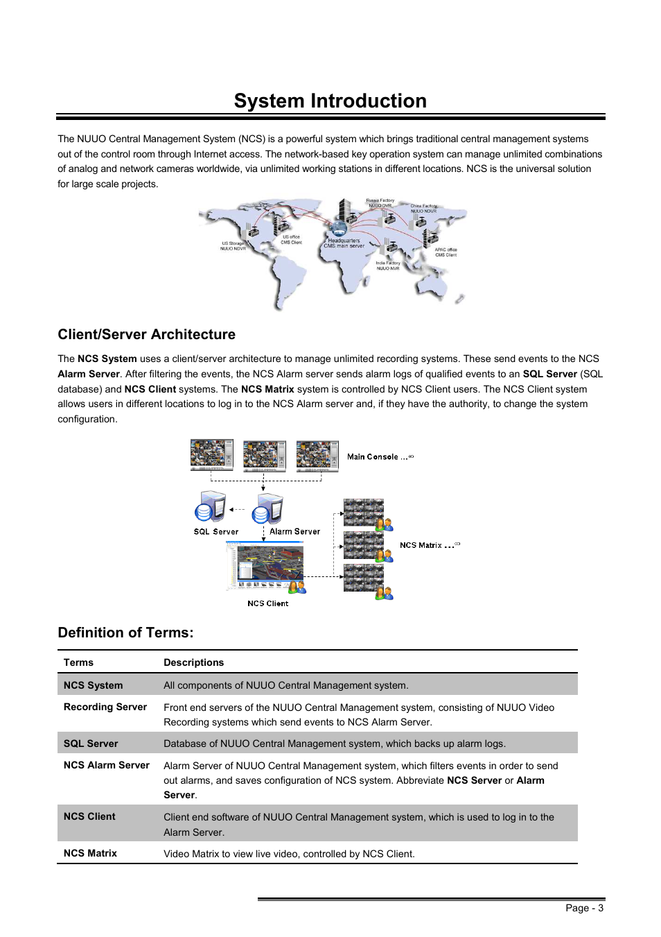 System introduction, Client/server architecture, Definition of terms | NUUO CMS User Manual | Page 3 / 21
