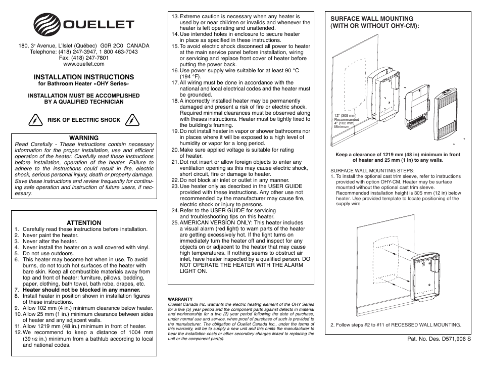 Ouellet OHY User Manual | 4 pages