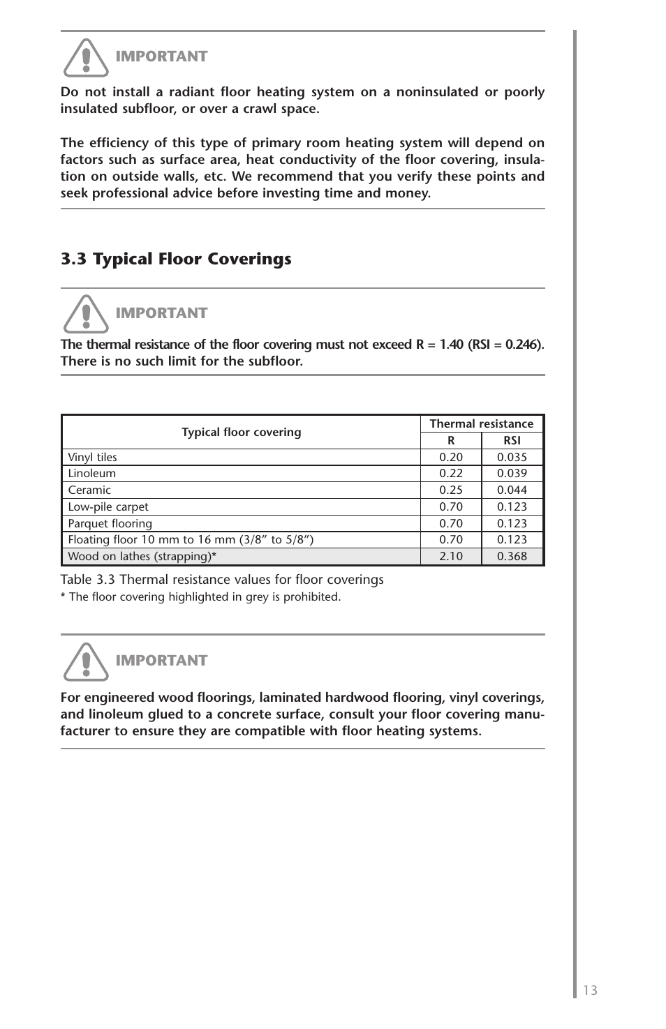 3 typical floor coverings, Important | Ouellet OTM User Manual | Page 12 / 26