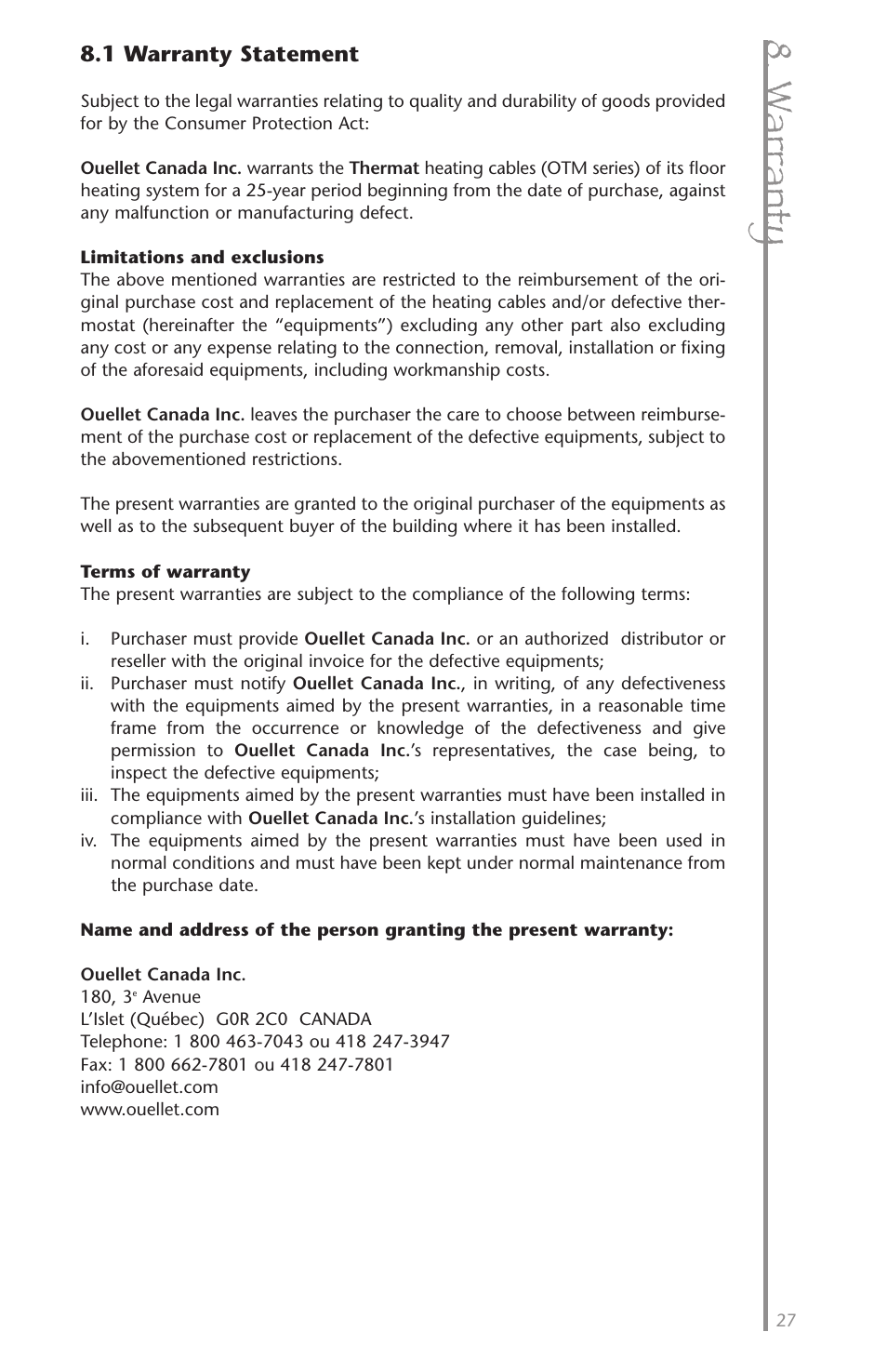 W arr an ty | Ouellet OTM User Manual | Page 26 / 26