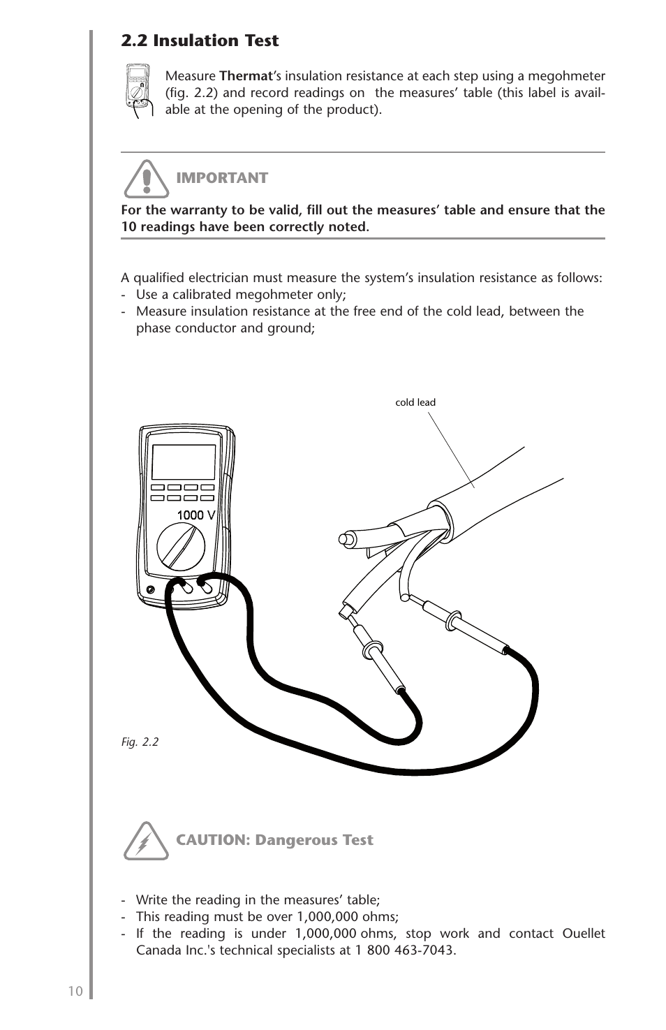 2 insulation test | Ouellet OTM User Manual | Page 9 / 26