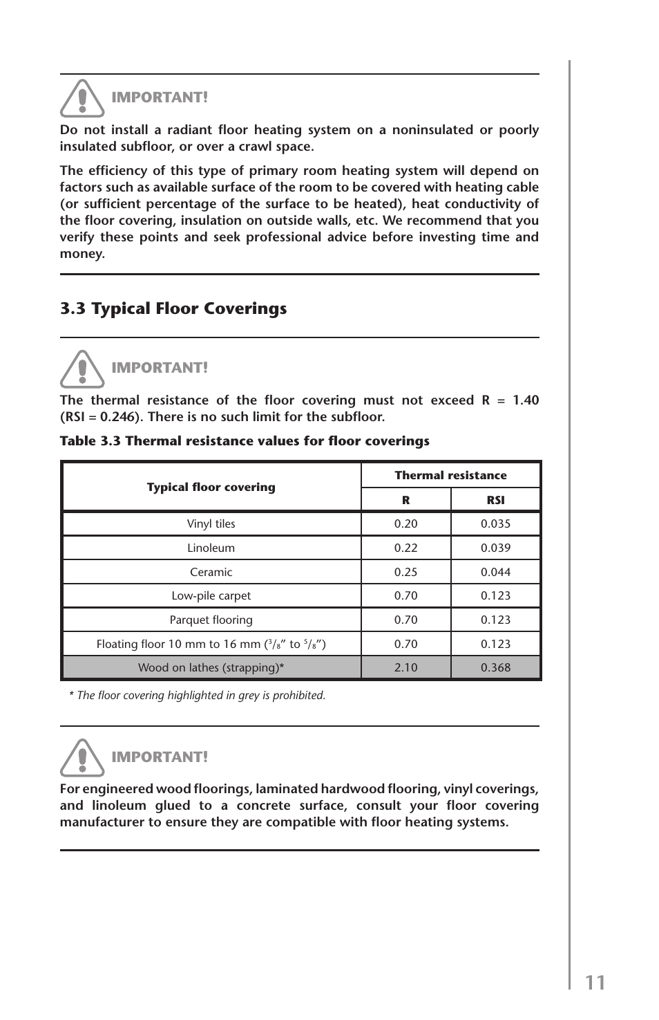 3 typical floor coverings, Important | Ouellet OTR User Manual | Page 11 / 26