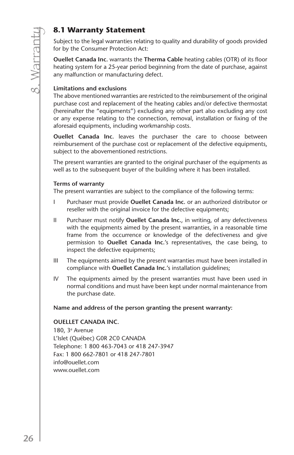 W ar ra nt y | Ouellet OTR User Manual | Page 26 / 26