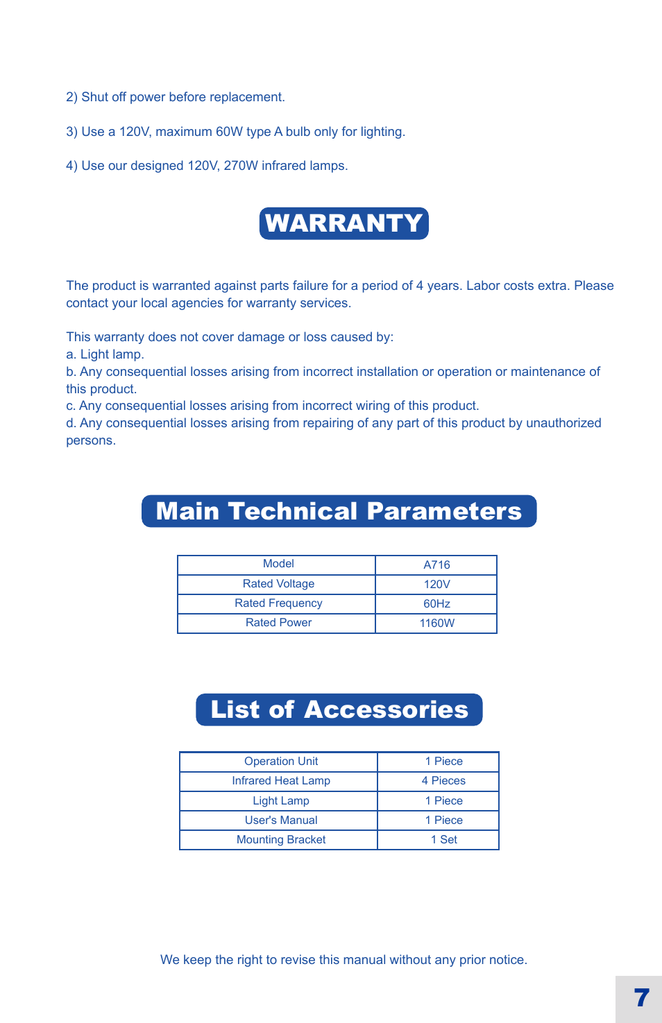 Maintenance, Warranty, Main technical parameters | List of accessories | Ouellet OVB-HL User Manual | Page 15 / 16