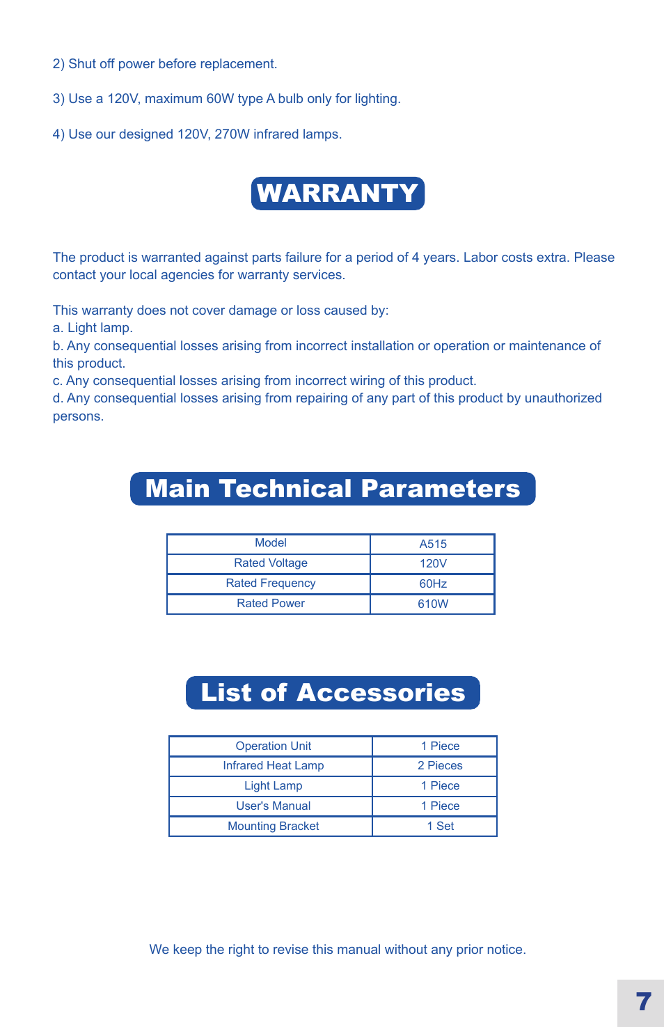 7use, Maintenance warranty, Main technical parameters | List of accessories | Ouellet OVB-HL User Manual | Page 8 / 16