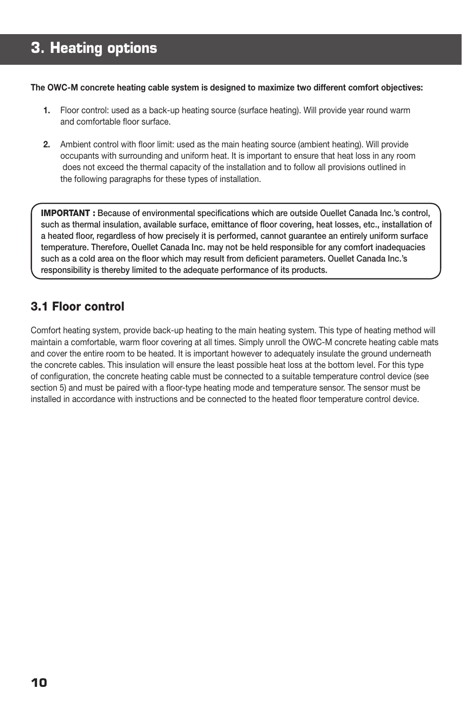 Heating options, 1 floor control | Ouellet OWC-M User Manual | Page 10 / 26