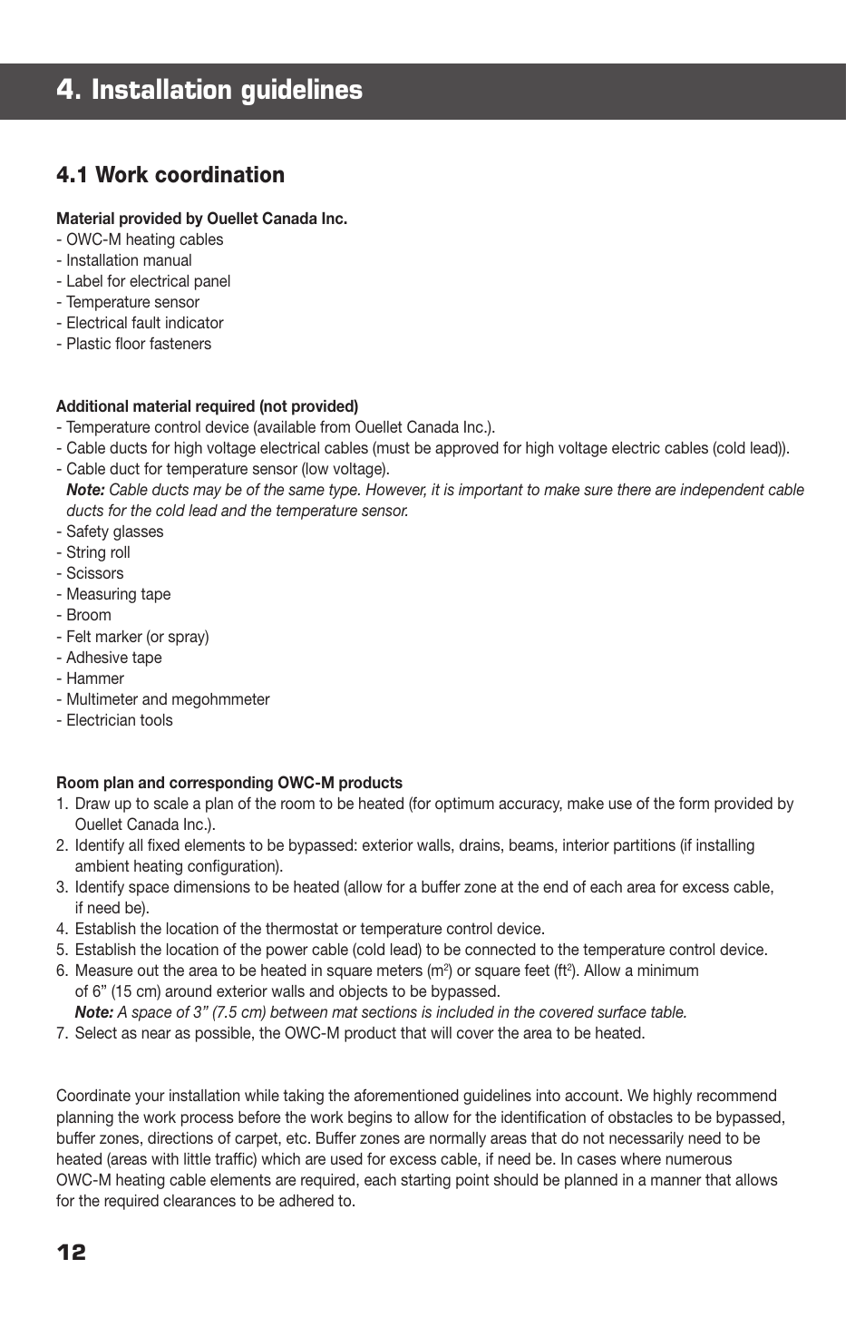 Installation guidelines, 1 work coordination | Ouellet OWC-M User Manual | Page 12 / 26