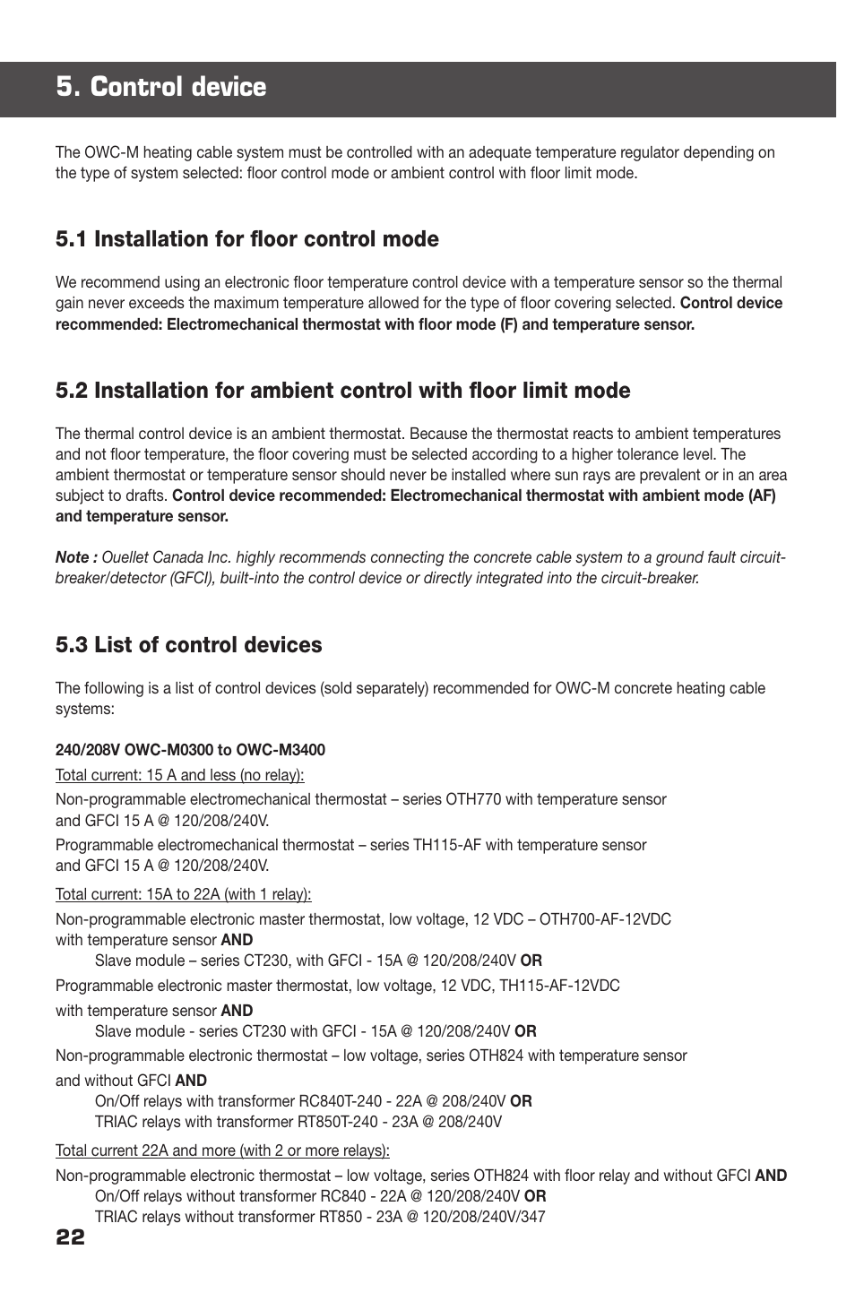 Control device, 1 installation for floor control mode, 3 list of control devices | Ouellet OWC-M User Manual | Page 22 / 26