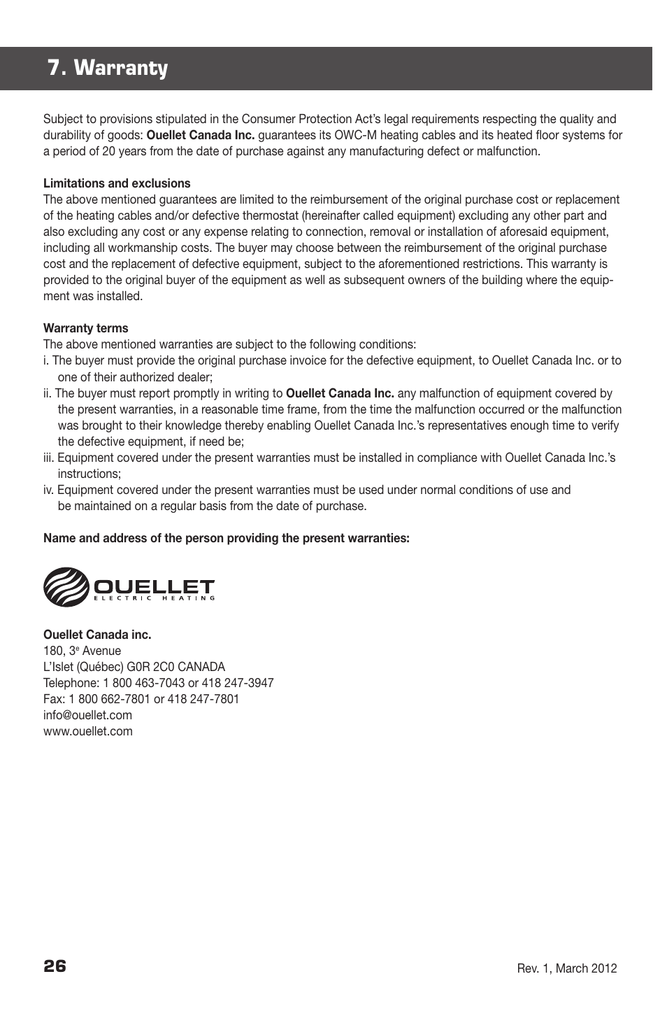 Warranty | Ouellet OWC-M User Manual | Page 26 / 26
