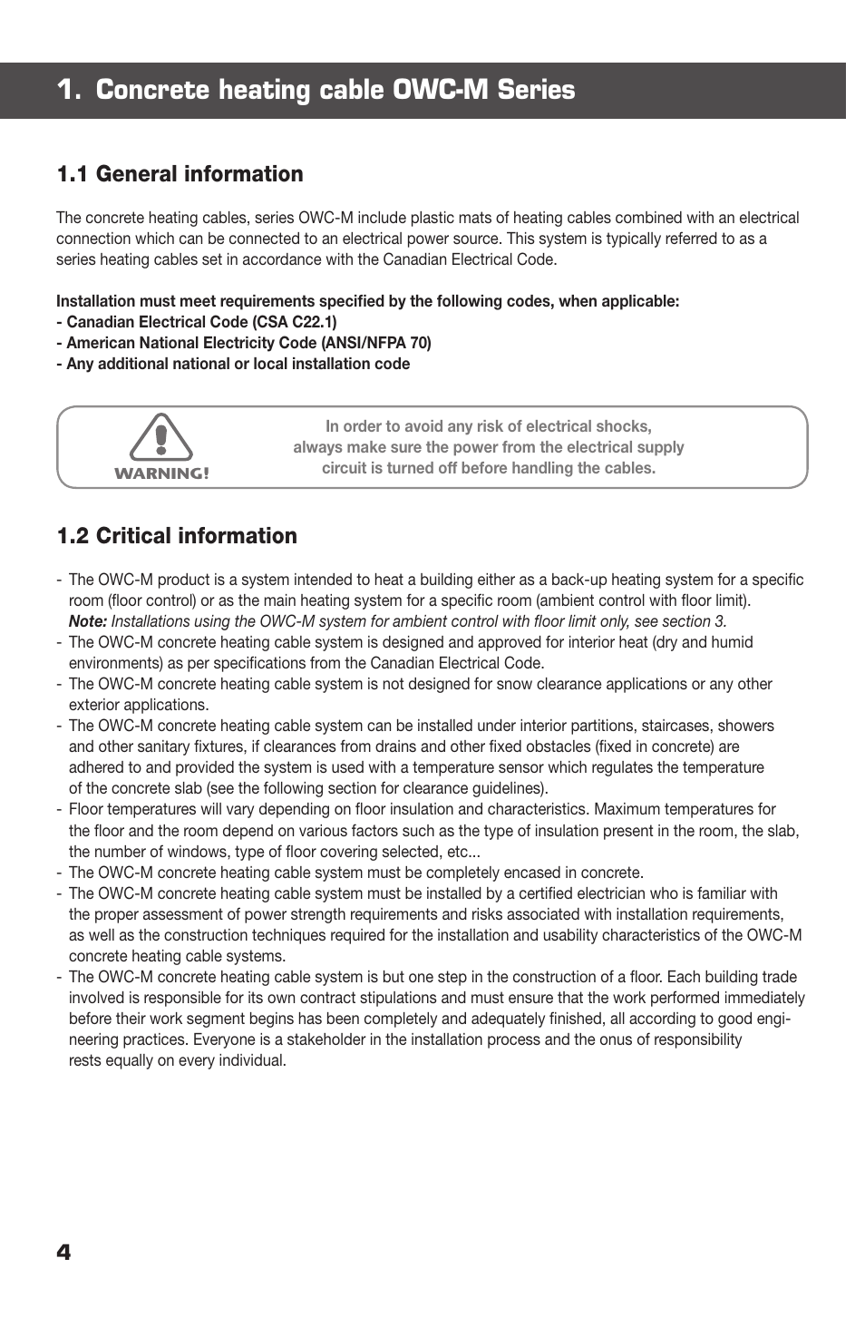 Concrete heating cable owc-m series, 1 general information, 2 critical information | Ouellet OWC-M User Manual | Page 4 / 26